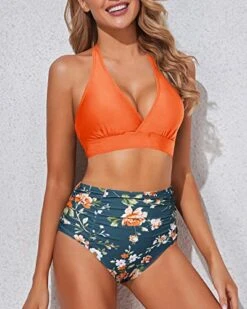 Halter Self Tie High Waisted Bikini Set Women's Bikini Swimsuits-Orange Flowers -Bikini Beach Shop 51kqWy4ft1L