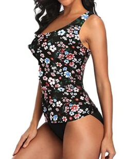 Fashionable One Shoulder Tankini Bikini Bottoms For Women-Black Flowers -Bikini Beach Shop 51ktGA3F4KL