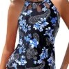 Backless Swim Tank Top High Neck Tankini Top-Blue Paisley