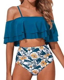 New Release 9 Charming Ruffle Off Shoulder Two Piece Swimsuit-Blue Floral