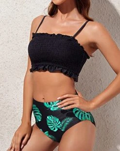 High Cut Bandeau Two Piece Bikini Tummy Control Bottoms-Black Leaf -Bikini Beach Shop 51l3x u1CqL