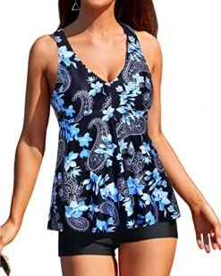 Full Coverage Tankini Tops Shorts And Boyshorts-Black Floral