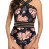 Women Sexy Crisscross One Piece Front Crossover Swimwear-Black Orange Floral