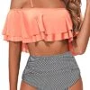 Elegant High Waisted Bikini Set Swimsuit Tummy Control-Coral Pink Stripe