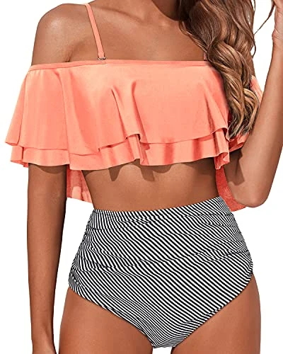 Elegant High Waisted Bikini Set Swimsuit Tummy Control-Coral Pink Stripe 1 Elegant High Waisted Bikini Set Swimsuit Tummy Control-Coral Pink Stripe
