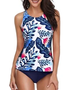 Two Piece Tankini Swimsuits High Neck And Shorts-White And Blue Floral -Bikini Beach Shop 51lqeWhvYpL