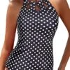 Flattering Halter Bathing Suit Top High Neck Tankini Top-Black Dot