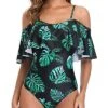 Slimming Off Shoulder One Piece Swimsuit For Women-Black And Green Leaf