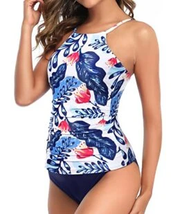 Padded Push Up Tankini Swimsuit Open Back-White And Blue Floral -Bikini Beach Shop 51mkct7bp L
