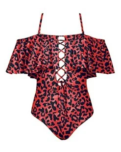 Strapless Lace-Up Women Sexy One Piece Swimwear-Red Leopard -Bikini Beach Shop 51niKi mw4L