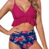 Women's Ruffle Flounce High Waisted Bikini Set-Pink Floral