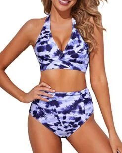 Bikini Beach Shop 15 Removable Soft Padded Bra Halter High Waisted Bikini Set For Women-Purple Tie Dye