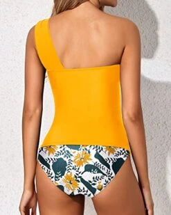 Women's 2 Piece Tankini One Shoulder Top & Tummy Control Shorts-Yellow Floral -Bikini Beach Shop 51o5GC 1JFL