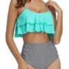 Two Piece Ruffle Bikini Flattering High Waisted Bottoms-Aqua Stripe