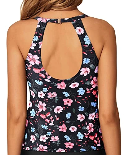 High Neck Tankini Top Halter Keyhole Backless Swim Tank Top-Black Floral 2 High Neck Tankini Top Halter Keyhole Backless Swim Tank Top-Black Floral - Image 2