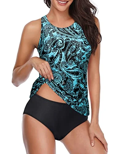 Two Piece Tankini Swimsuits High Neck Halter 2 Piece Bathing Suits-Blue Paisley 1 Two Piece Tankini Swimsuits High Neck Halter 2 Piece Bathing Suits-Blue Paisley