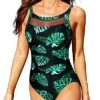 Chic And Flirty Ruched Tummy Control Swimwear-Black And Green Leaf