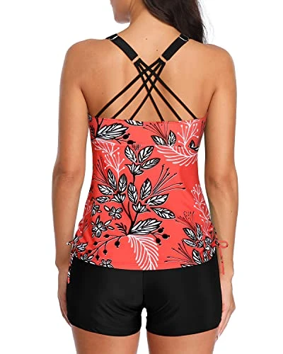 Athletic Style Tummy Control Tankini Shorts For Women-Red Floral 2 Athletic Style Tummy Control Tankini Shorts For Women-Red Floral - Image 2