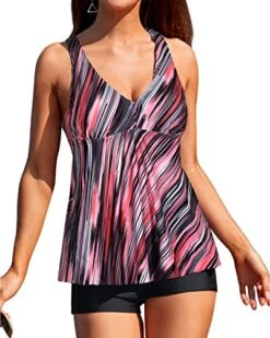 Slimming Flyaway Tankini Tops Shorts And Boyshorts-Pink Stripe
