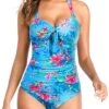 Ruching Shirred Slimming One Piece Swimsuits-Blue Floral