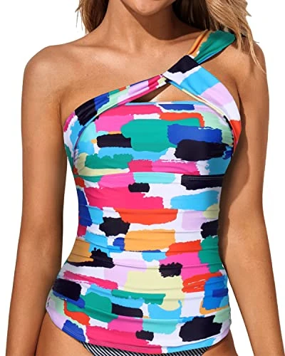 Classy Ruched Bathing Suit Top Asymmetric Cut Tankini Top-Aqua 1 Classy Ruched Bathing Suit Top Asymmetric Cut Tankini Top-Aqua