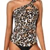 Sexy Two Piece One Shoulder Swim Top Shorts-Black And Leopard