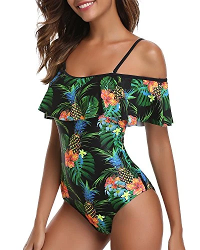 Ruffled Retro Bathing Suit Flounce Printed Swimwear Off Shoulder One Piece Swimsuit-Black Pineapple 2 Ruffled Retro Bathing Suit Flounce Printed Swimwear Off Shoulder One Piece Swimsuit-Black Pineapple - Image 2