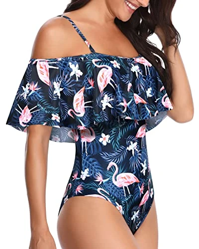Eye-Catching Off Shoulder Ruffle One Piece Bathing Suit-Blue Flamingo 3 Eye-Catching Off Shoulder Ruffle One Piece Bathing Suit-Blue Flamingo - Image 3