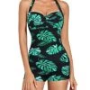 Adjustable Halter Neck Swimsuits Shorts Boyleg-Black And Green Leaf