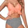 Ruffle Flounce High Waisted Bikini Set-Coral Pink Stripe