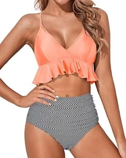 Ruffle Flounce High Waisted Bikini Set-Coral Pink Stripe