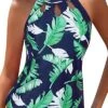 Stylish Halter Keyhole Design High Neck Tankini Top-Blue Leaf