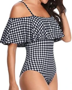 Stylish Off Shoulder One Piece Swimwear For Girls-Black And White Checkered -Bikini Beach Shop 51uSzBBJLbL feca65fb 02a5 446c bda3 583364bfd621