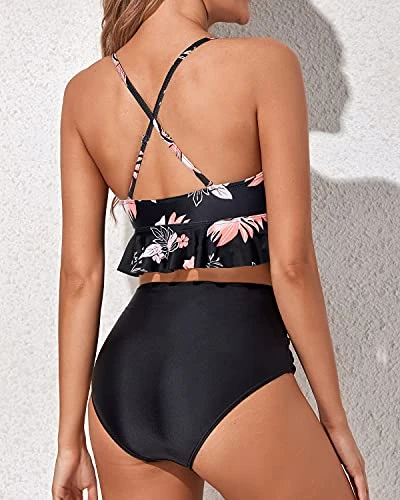 Flouncy Ruffle High Waisted Bikini Swimsuits Deep V Neck-Black Orange Floral 2 Flouncy Ruffle High Waisted Bikini Swimsuits Deep V Neck-Black Orange Floral - Image 2