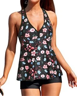 Tummy Control Two Piece Racerback Top And Shorts For V Neck Swimsuit-Black And Pink Floral