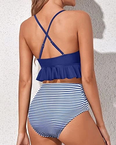 Adjustable Criss Cross Ruffle High Waisted Bikini Ruched-Blue White Striped 2 Adjustable Criss Cross Ruffle High Waisted Bikini Ruched-Blue White Striped - Image 2