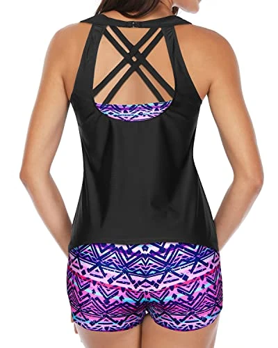 Women's Backless Tankini Athletic 3 Piece Swimsuits-Black And Tribal Purple 2 Women's Backless Tankini Athletic 3 Piece Swimsuits-Black And Tribal Purple - Image 2