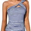Elegant Women's Swim Top Tummy Control Tankini Top-Blue And White Stripes
