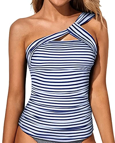 Elegant Women's Swim Top Tummy Control Tankini Top-Blue And White Stripes 1 Elegant Women's Swim Top Tummy Control Tankini Top-Blue And White Stripes