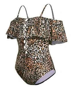 Strapless One Piece Bathing Suit Lace-Up Front Ruffle Flounce Sexy Swimsuit-Brown Leopard -Bikini Beach Shop 51wVzJVyBQL
