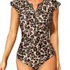 Women's Short Sleeve Rash Guard High Neck And Zipper-Leopard