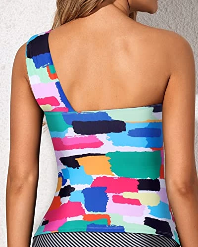 Classy Ruched Bathing Suit Top Asymmetric Cut Tankini Top-Aqua 3 Classy Ruched Bathing Suit Top Asymmetric Cut Tankini Top-Aqua - Image 3