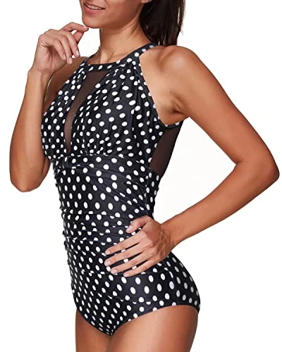 Ruched Monokini See-Through Mesh Women One Piece Swimsuit-Black Dot 3 Ruched Monokini See-Through Mesh Women One Piece Swimsuit-Black Dot - Image 3