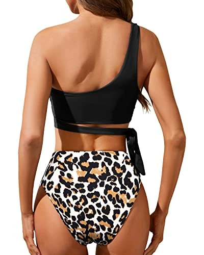 Slimming Two Piece One Shoulder Bikini Set Tummy Control-Black And Leopard 2 Slimming Two Piece One Shoulder Bikini Set Tummy Control-Black And Leopard - Image 2
