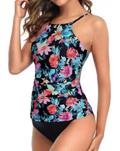 Charming Adjustable Neckline Two Piece Tankini Swimsuit-Pink Flower Blue -Bikini Beach Shop 51xCXkfL8TL