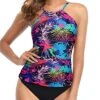 Stylish High Neck Ruched Tankini Swimsuit For Women-Colored Leaves