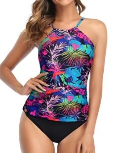 Stylish High Neck Ruched Tankini Swimsuit For Women-Colored Leaves