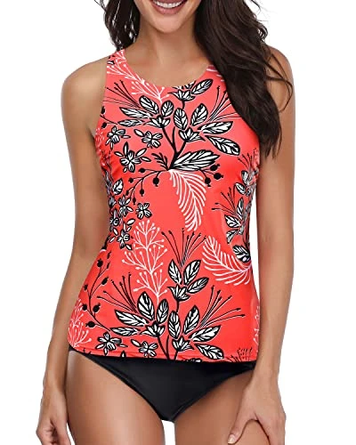 Cute Halter Two Piece Tankini Swimsuits High Neck And Shorts-Red Floral 3 Cute Halter Two Piece Tankini Swimsuits High Neck And Shorts-Red Floral - Image 3