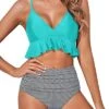 Flattering Ruched Two Piece Swimsuits-Aqua Stripe