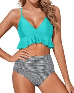 Flattering Ruched Two Piece Swimsuits-Aqua Stripe